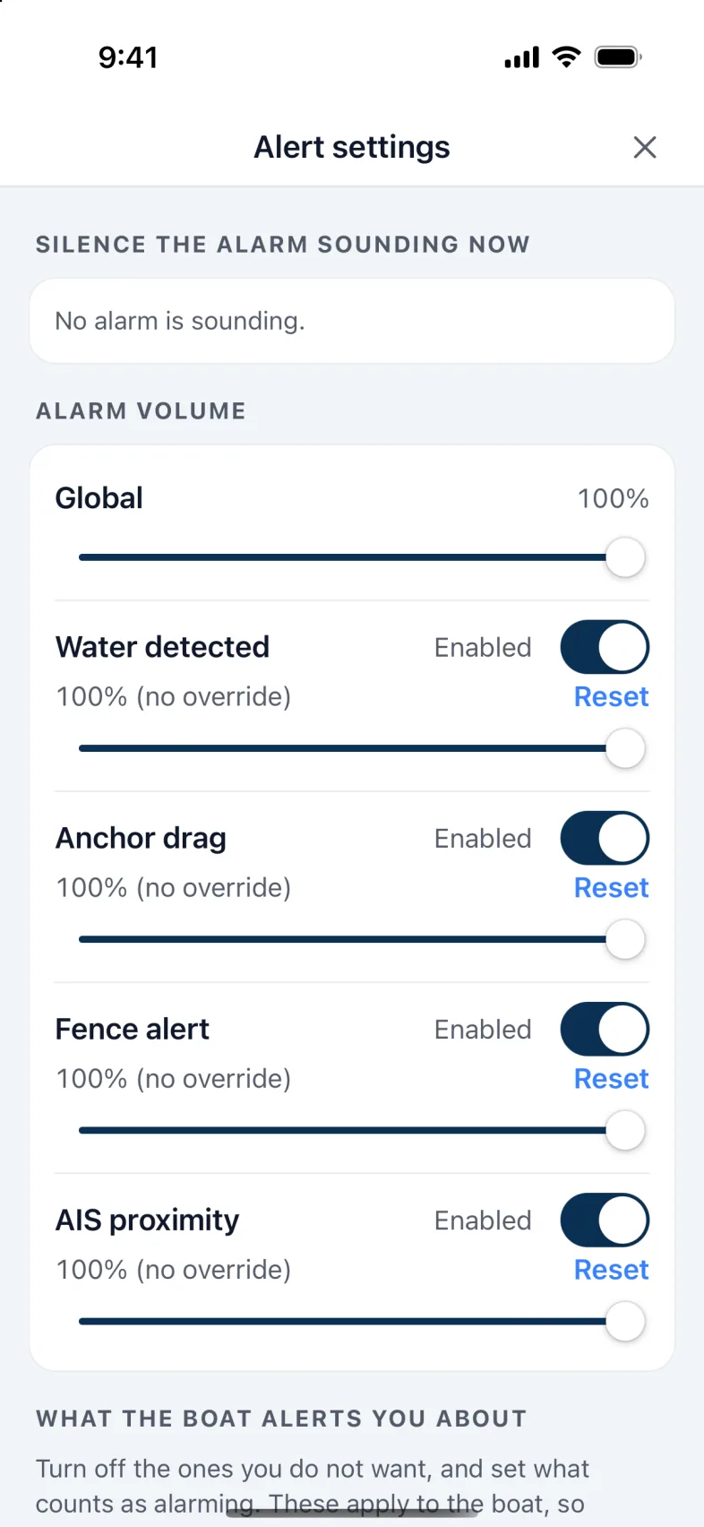 Alert settings: the overall volume, and each alarm's own switch and volume.