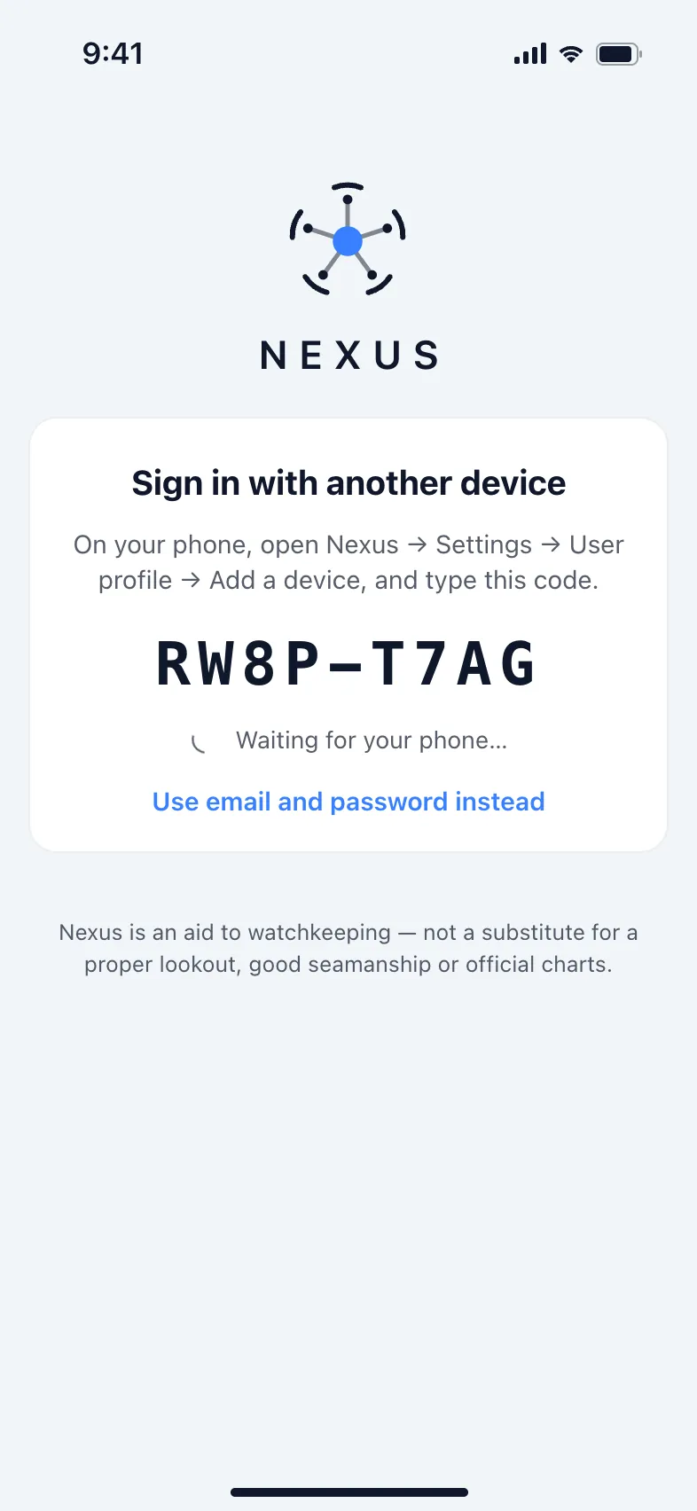 Sign in with another device: the new device shows a code.