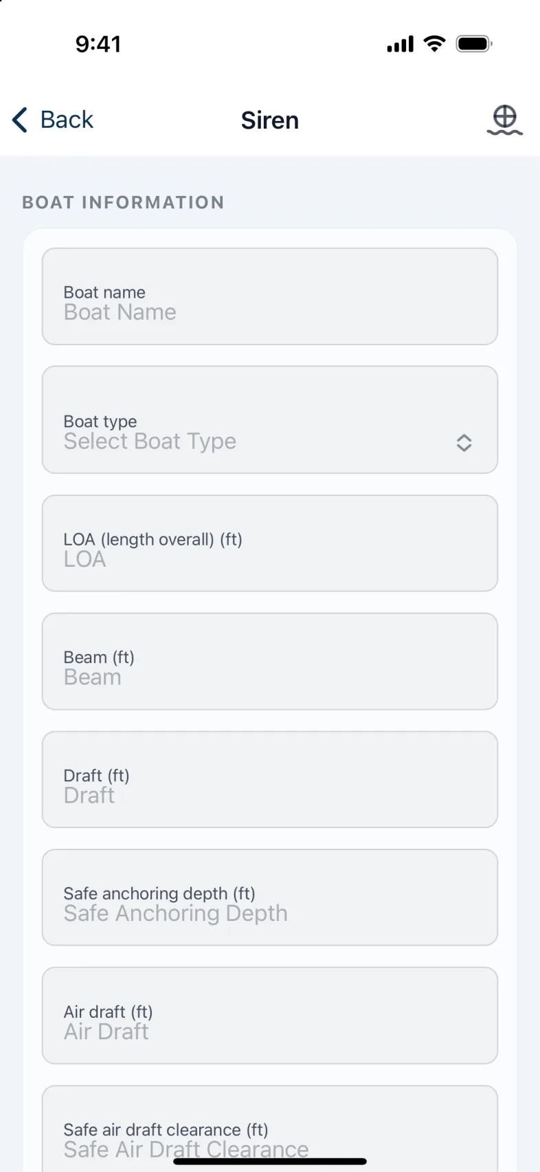 The boat's page: its dimensions, used for routes, bridges and anchoring.