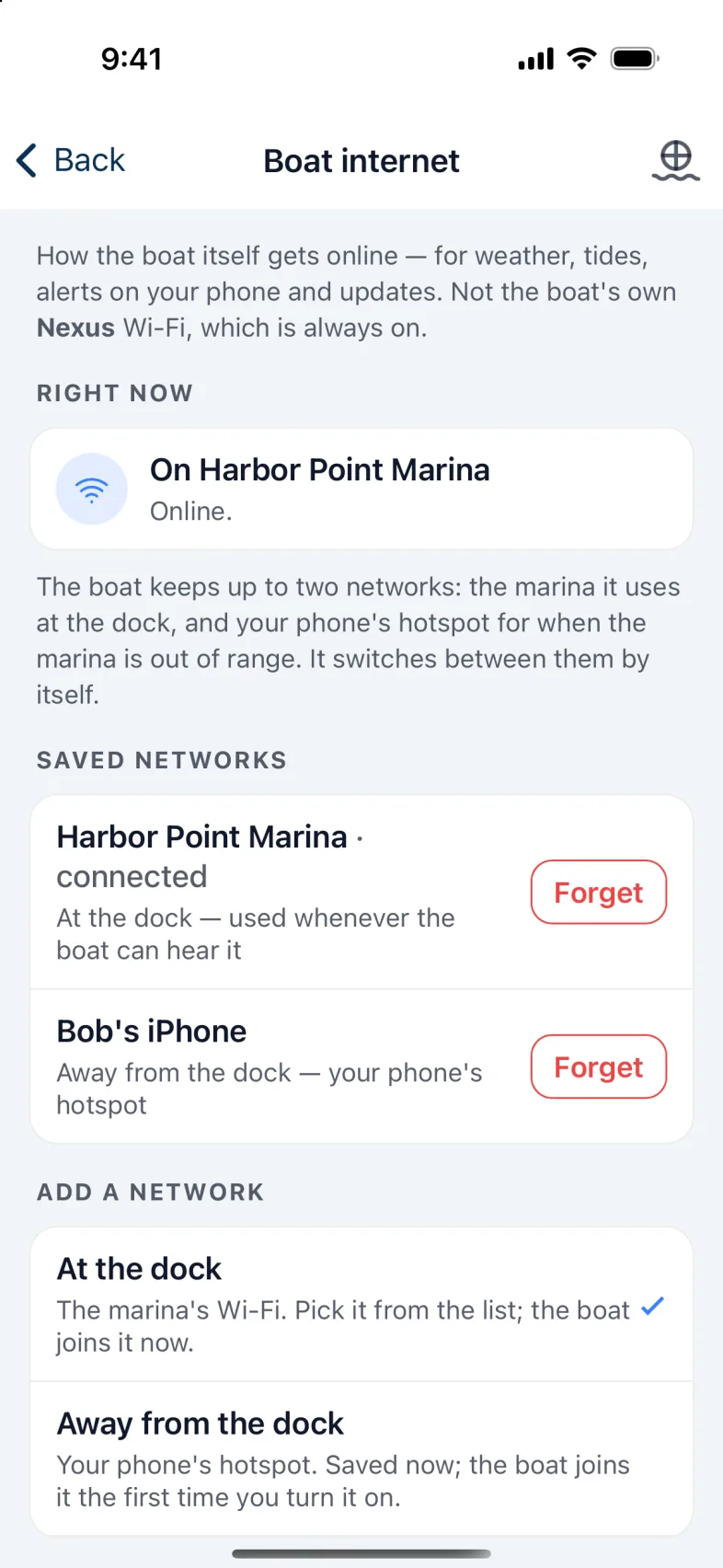 Boat internet: the network the boat is on now, and the networks it knows.