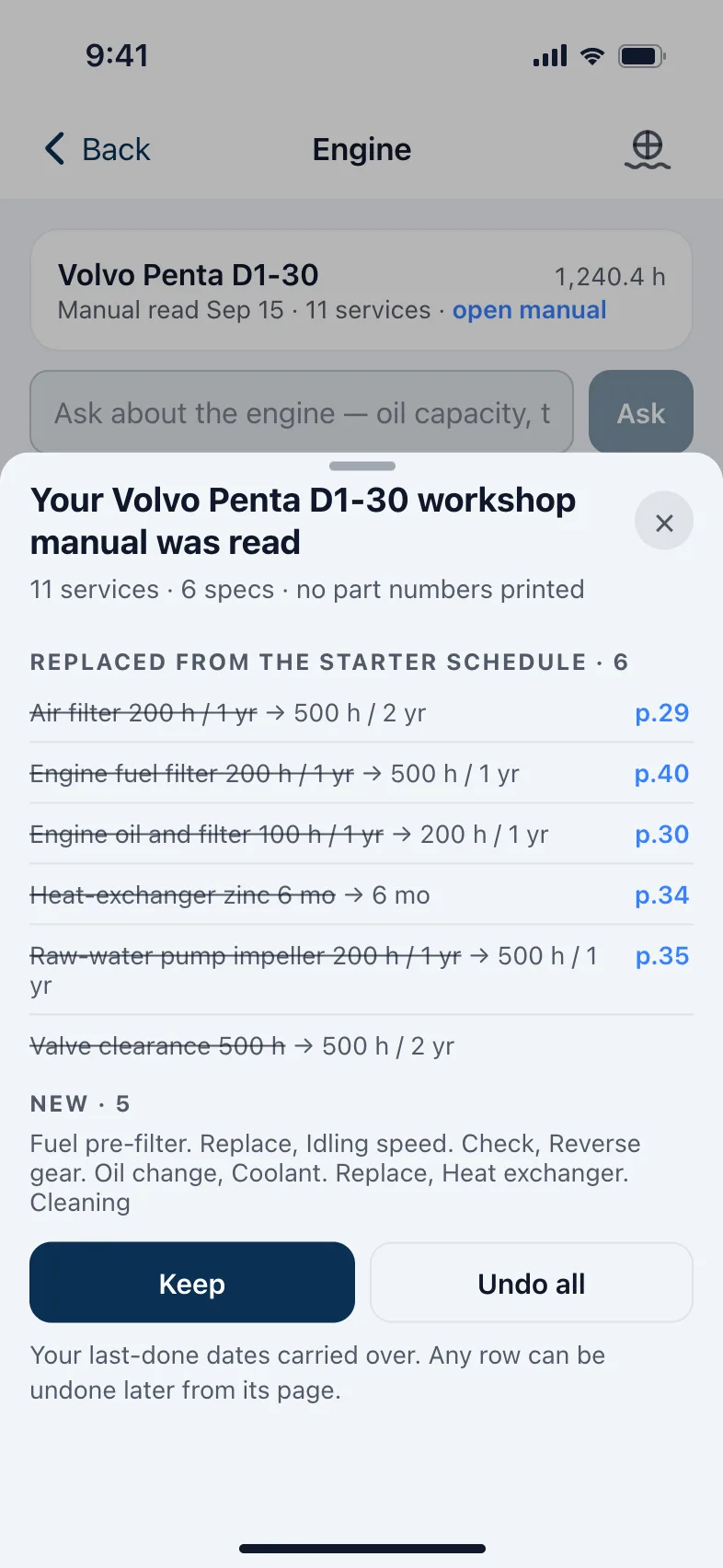 What the book changed after reading an engine's manual.
