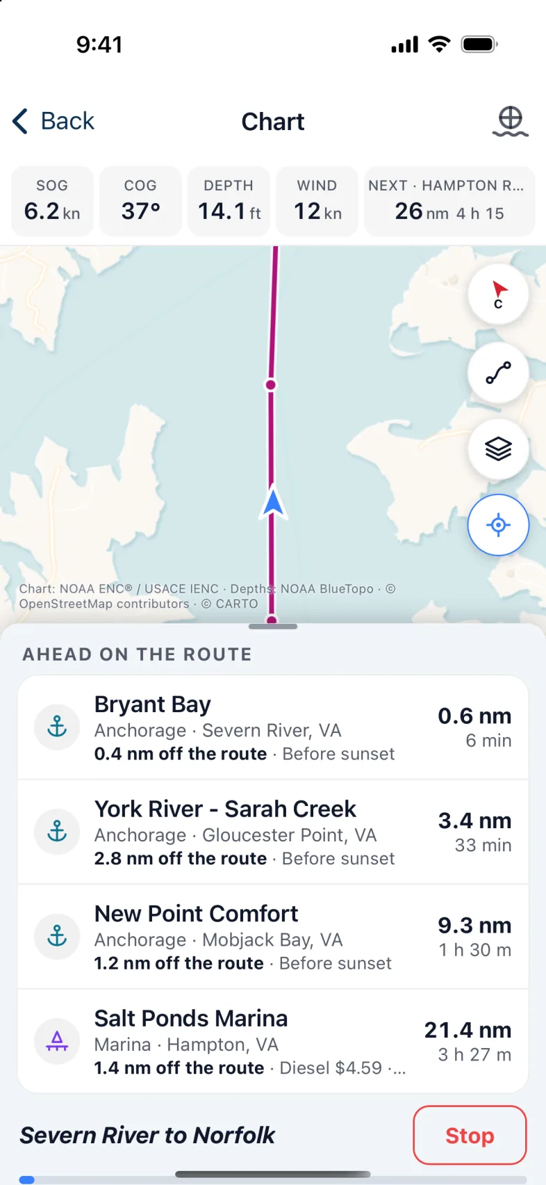 A route on the chart, being followed.