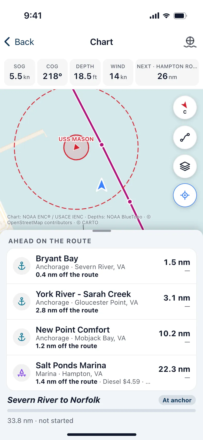 The chart with a Navy vessel's protection zone drawn around it, and the route passing by.
