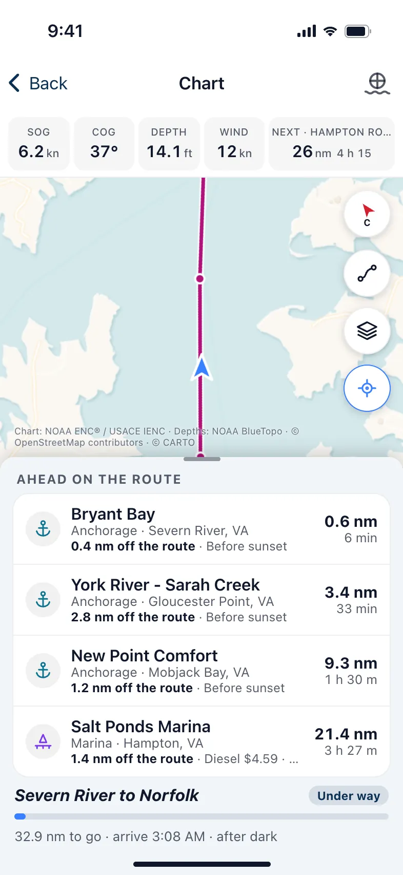 Nexus on an iPhone: the chart under way at 6.2 knots, the route ahead in magenta, and the anchorages and marinas coming up along it.