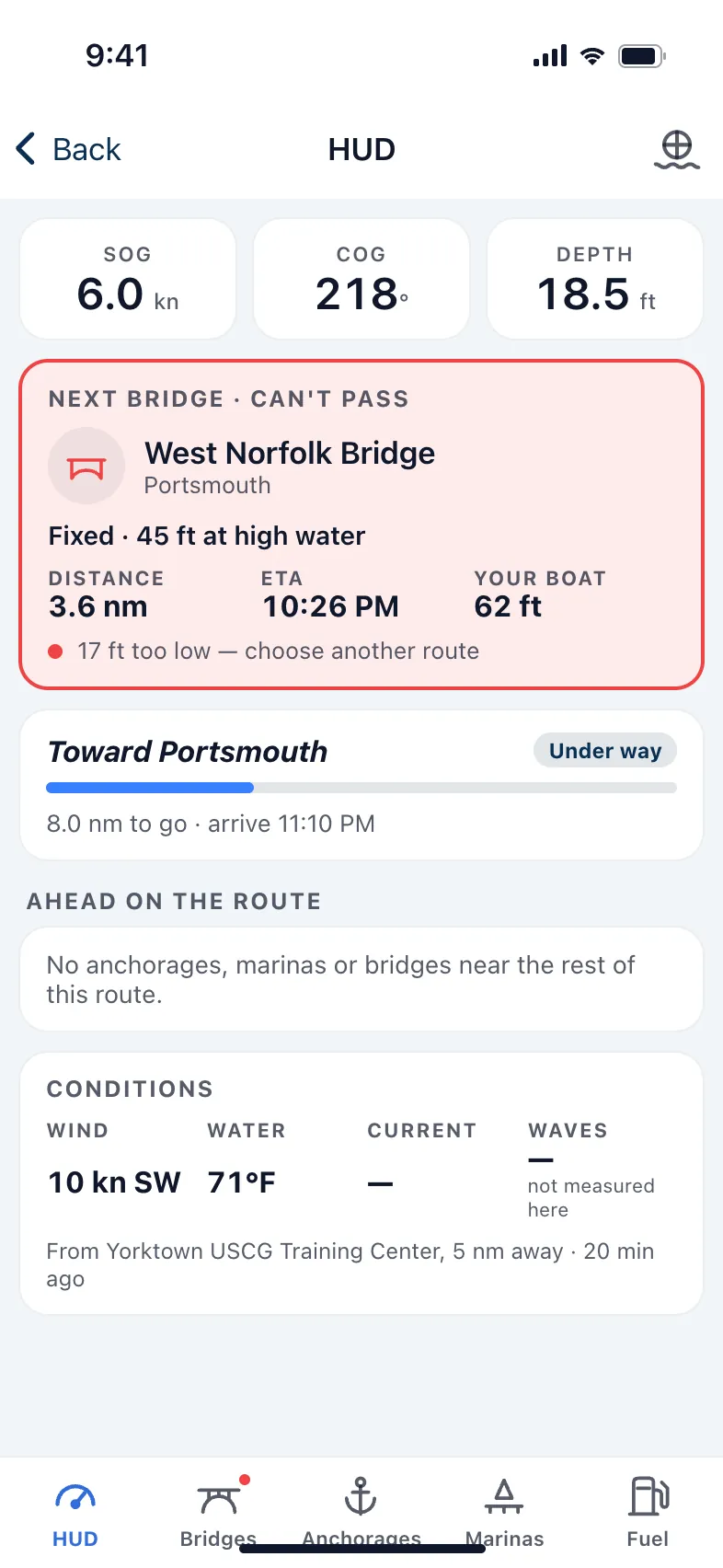 The next bridge, West Norfolk Bridge, is 17 feet too low for a 62-foot mast: choose another route.