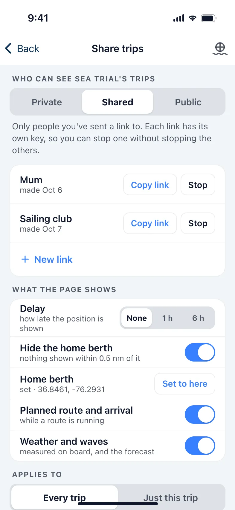 Share trips: shared with Mum and the sailing club, each with their own link, the home berth hidden.